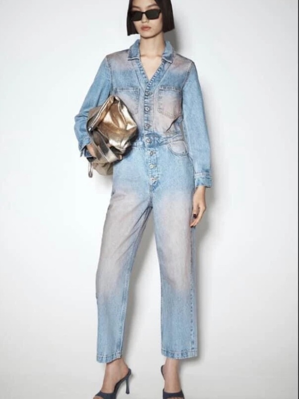 Zara Light Blue Denim Overalls Jumpsuit